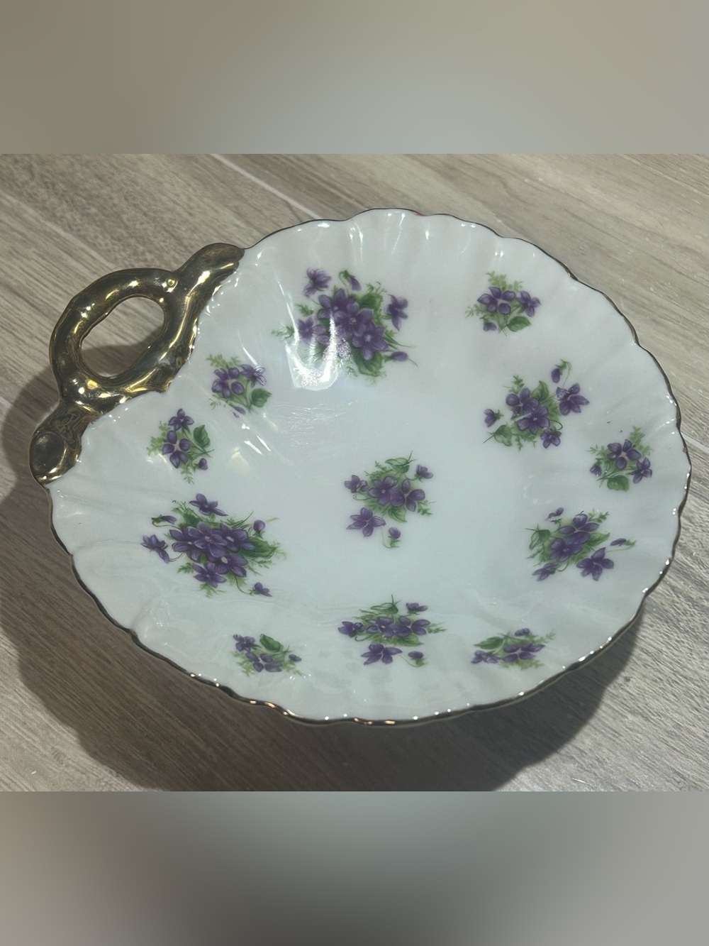Vintage Lefton China "Purple Violets" Shell Trinket Dish